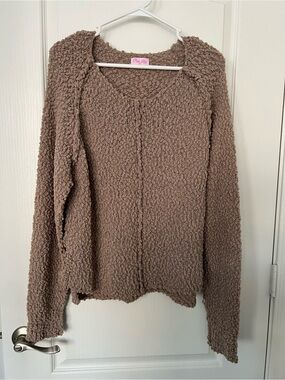 Pink Lily Taupe Popcorn Knit V-Neck Sweater